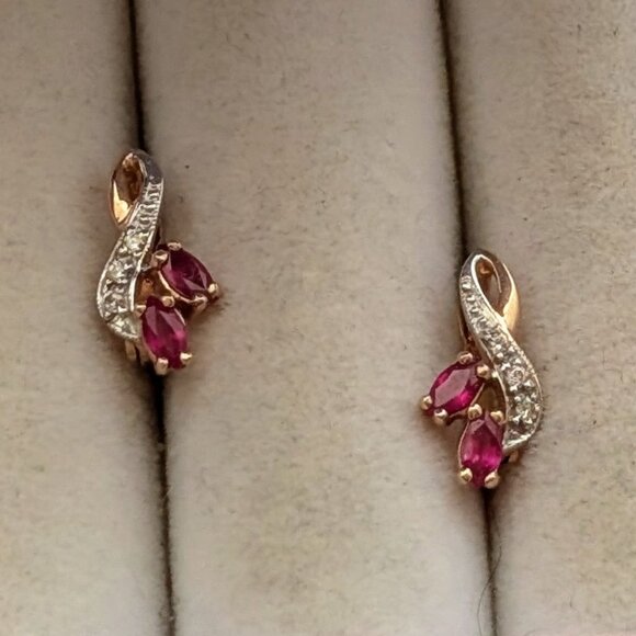 Russian Russia Solid 14K Rose Pink Gold Ruby Diamond Cluster Pierced Earrings - Picture 5 of 15